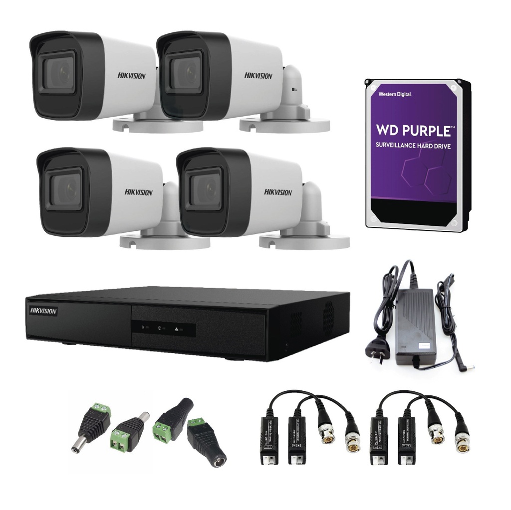 [KIT7204_4] KIT CCTV HIKVISION X 4 ,DVR 7204 M1,1 TB PURPLE, 4 DS-2CE16D0T-EXIPF, 4 BALUN, 5 CONECT , FUENTE 12V 4
